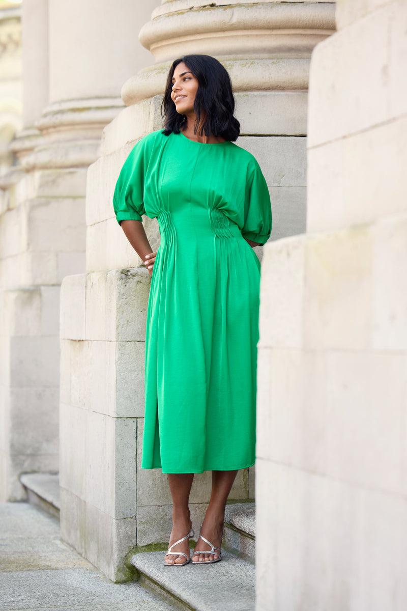 born Bianca Green Pleated Midi Dress