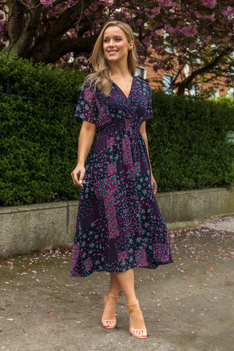 Born Clara Navy Patchwork V- Neck Midi Dress