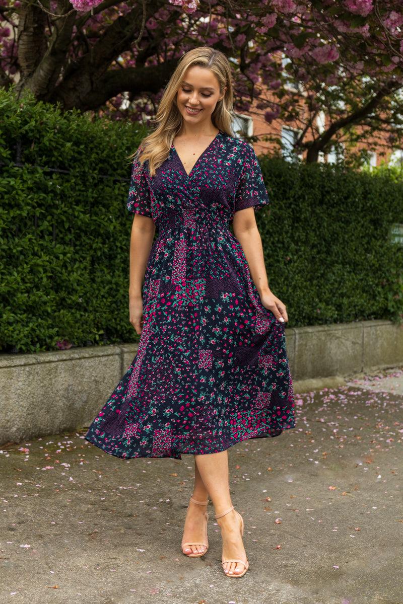 born Clara Navy Patchwork V- Neck Midi Dress