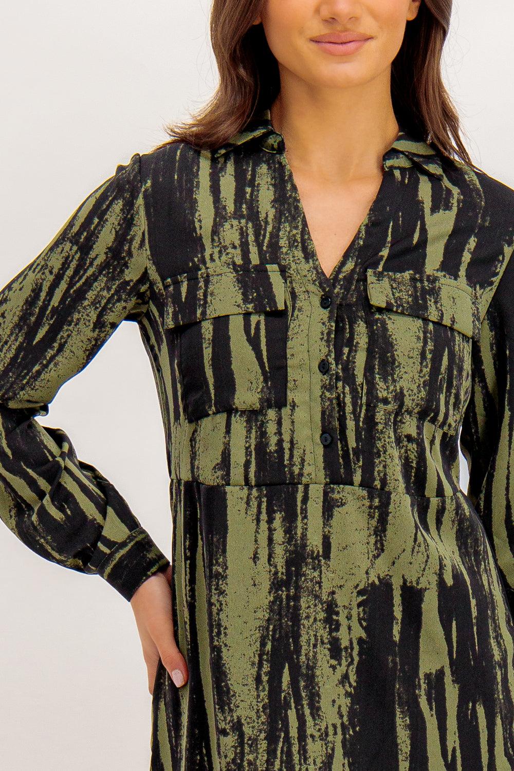 Born Dalina Green & Black Print Shirt Dress