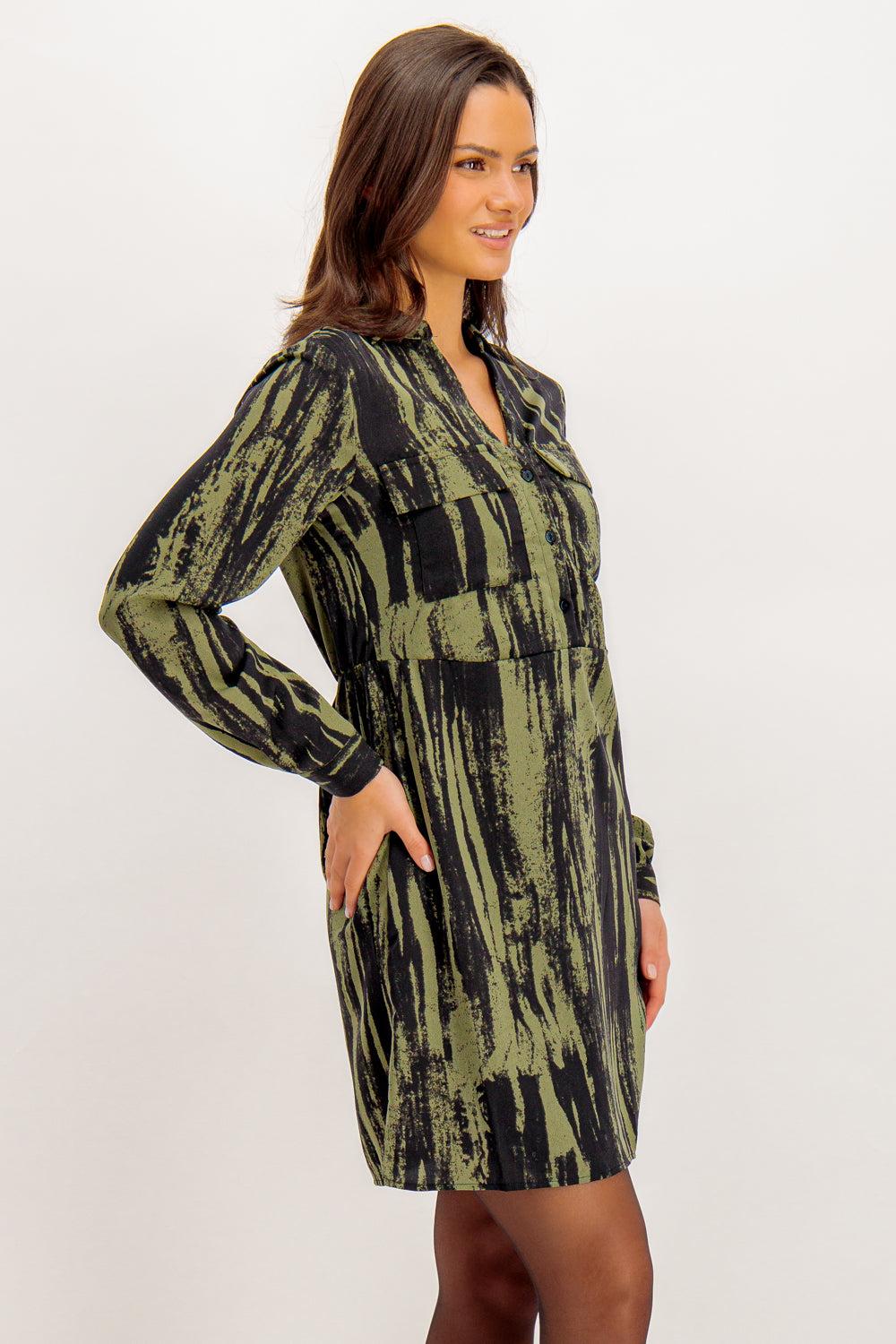 Born Dalina Green & Black Print Shirt Dress