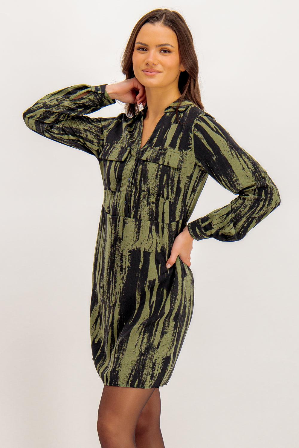 Born Dalina Green & Black Print Shirt Dress