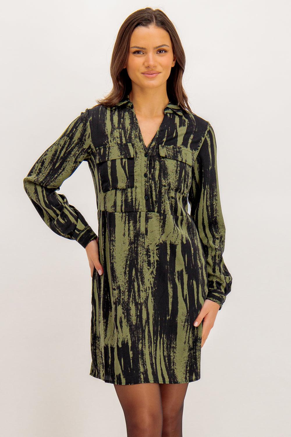born Dalina Green & Black Print Shirt Dress