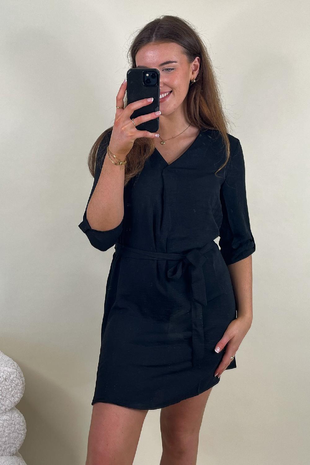 born Divya Black V-Neck Black Mini Dress