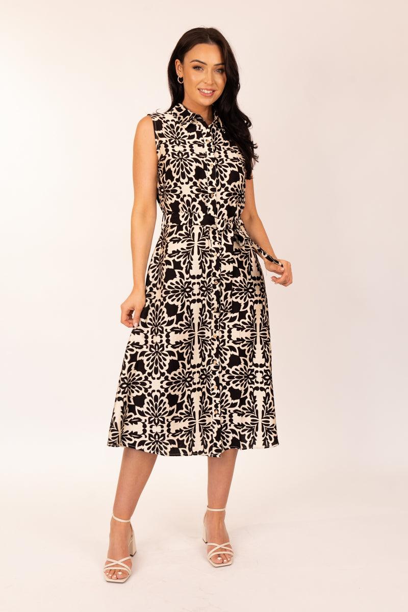Born Dolly Cream & Black Print Shirt Dress