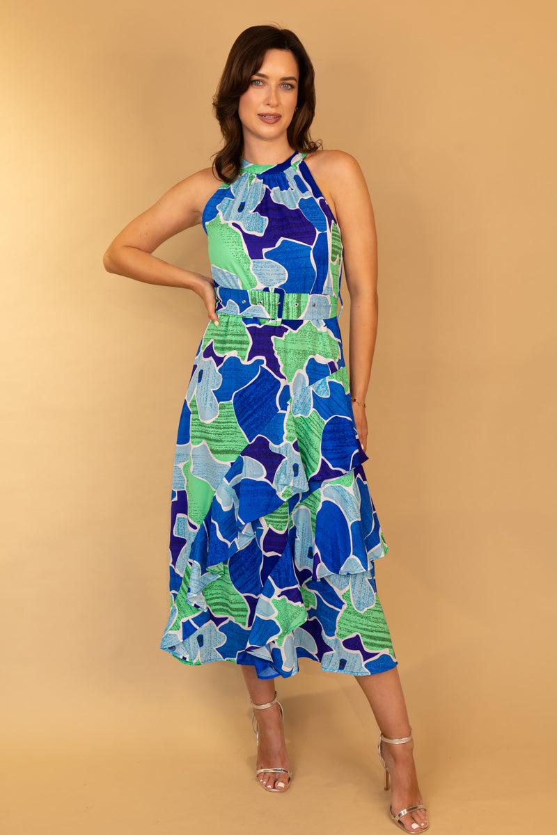 born Elaine Blue & Green Belted Halterneck Dress