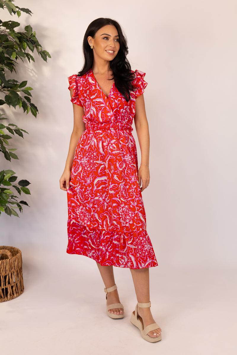 born Elsie Red Print Midi Dress