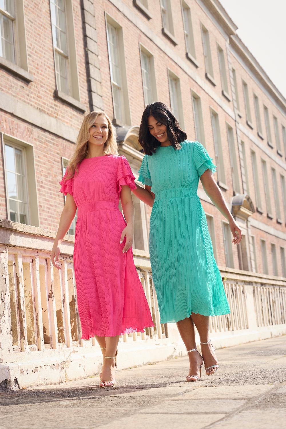 Born Emelia Pink Pleated Midi Dress