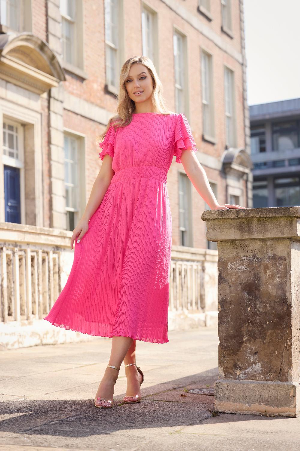 born Emelia Pink Pleated Midi Dress