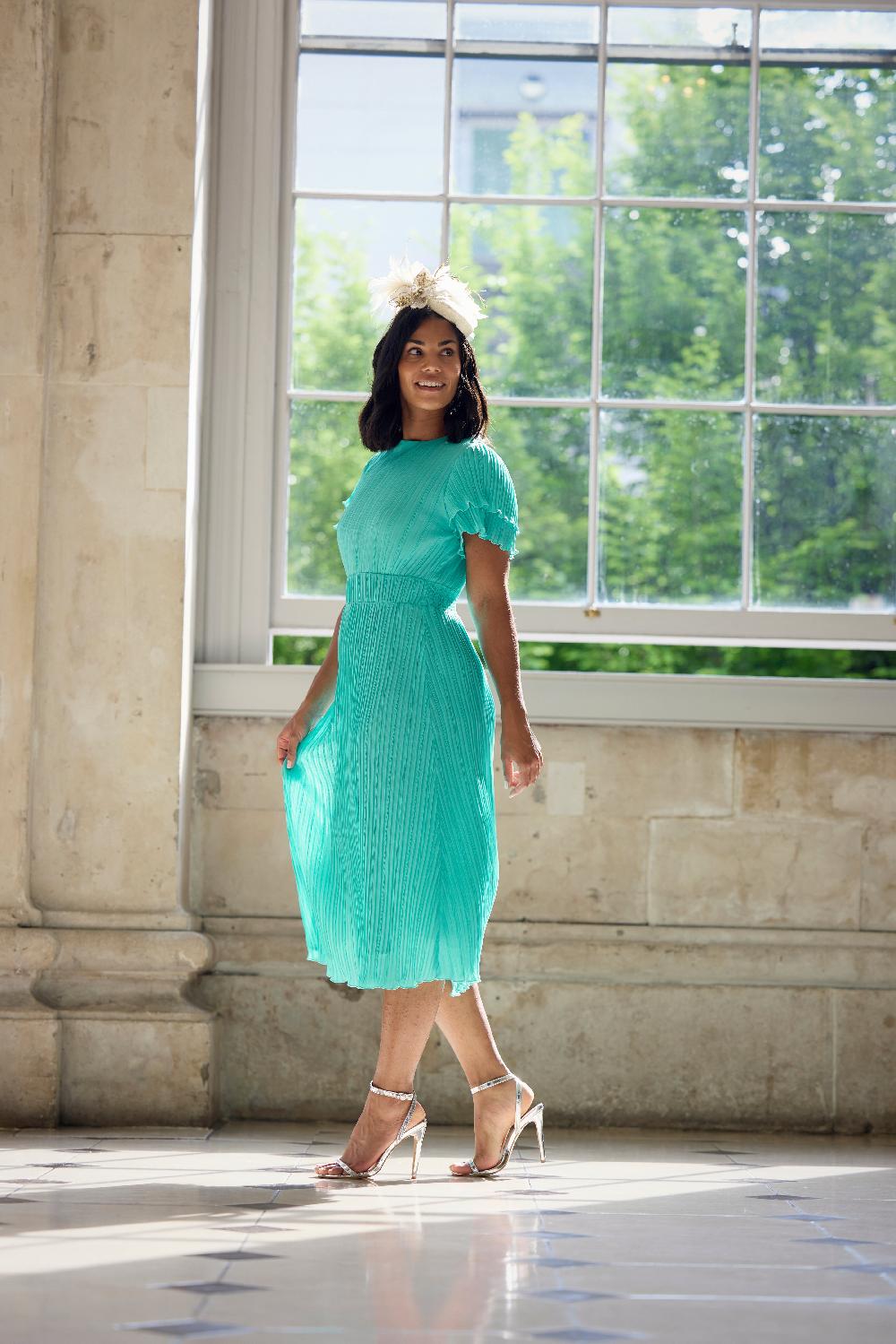 Born Emelia Teal Green Pleated Midi Dress