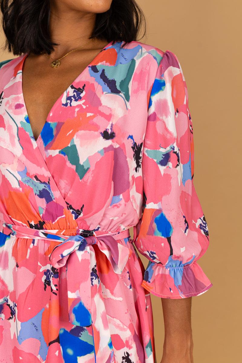 Born Emilia Pink Multi Floral Print Midi Dress
