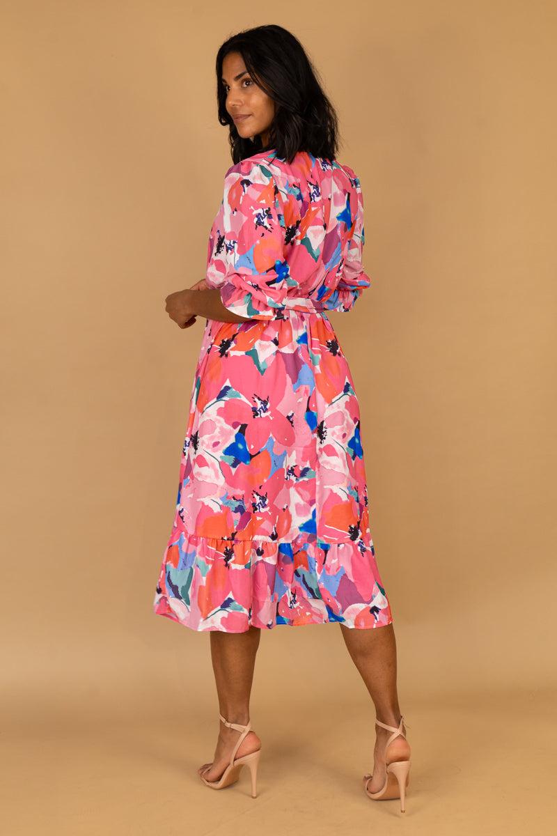 Born Emilia Pink Multi Floral Print Midi Dress