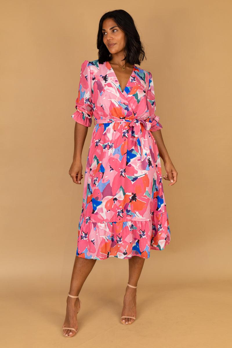 born Emilia Pink Multi Floral Print Midi Dress