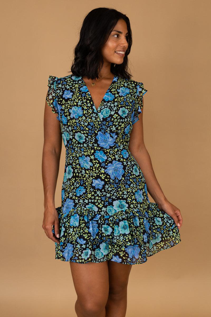 born Emma Blue & Green Print Frill Dress