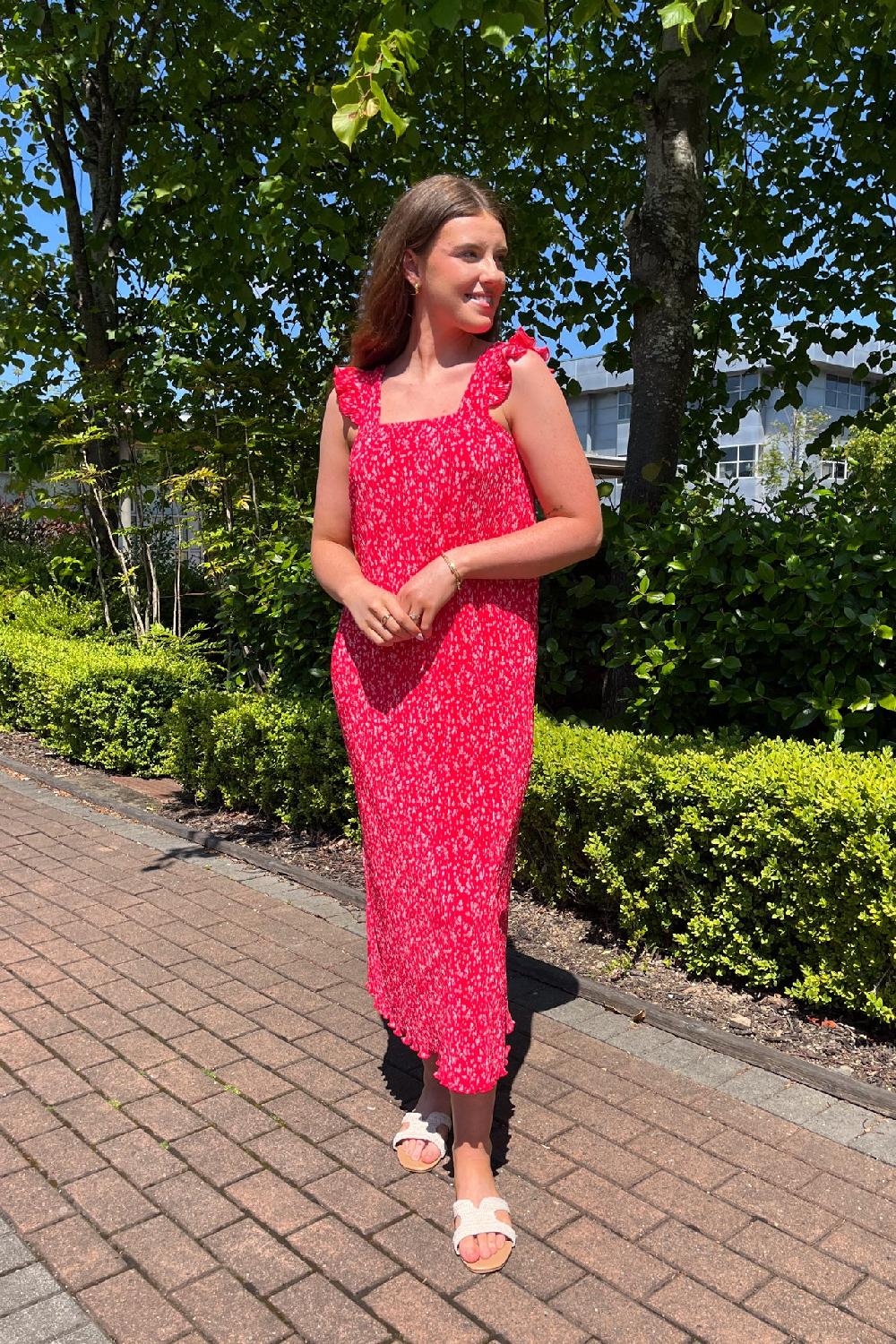 born Flora Red Floral Plisse Midi Dress