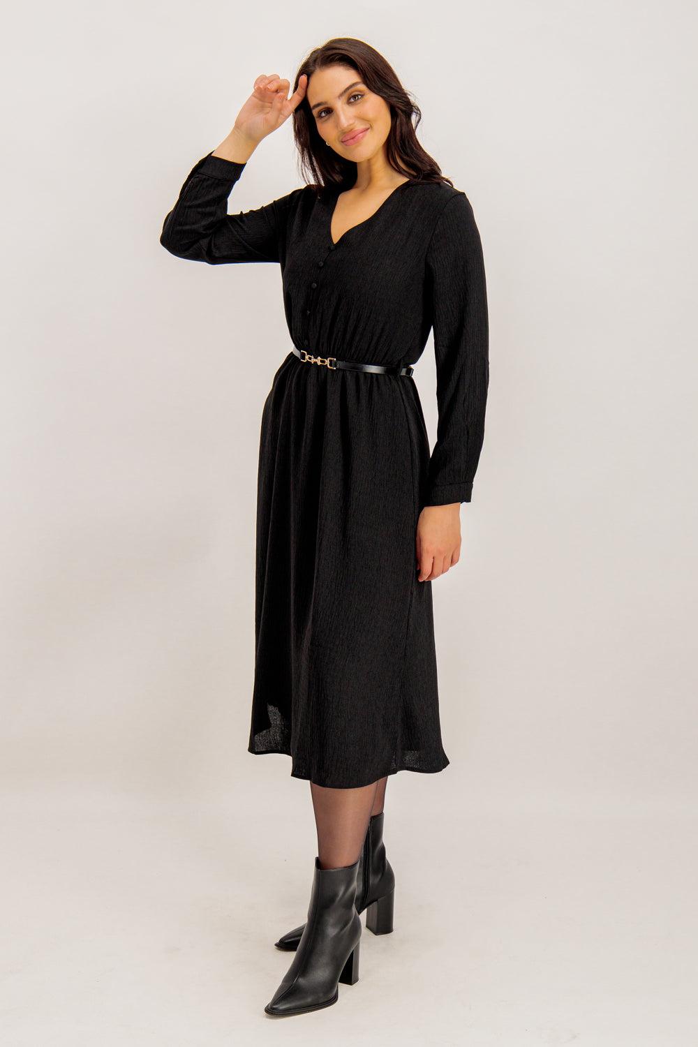 Born Gwen Black Belted Midi Dress