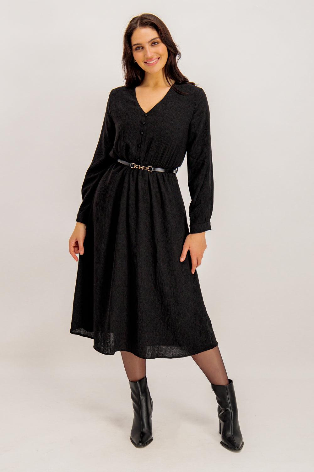 born Gwen Black Belted Midi Dress
