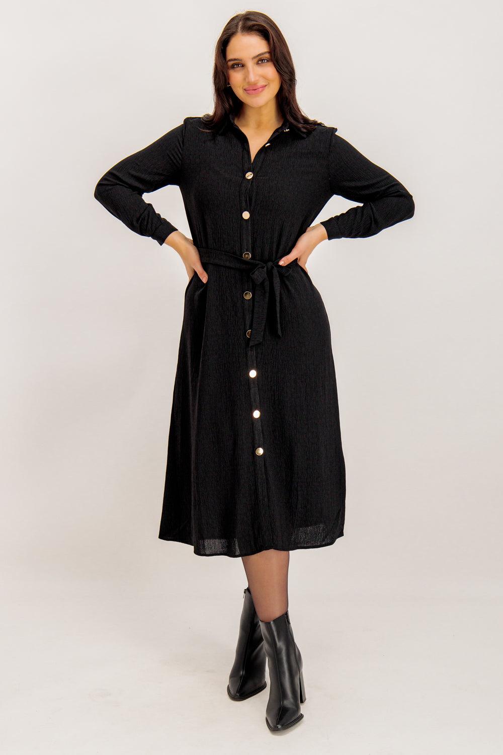 born Kallie Black Button Detail Midi Dress