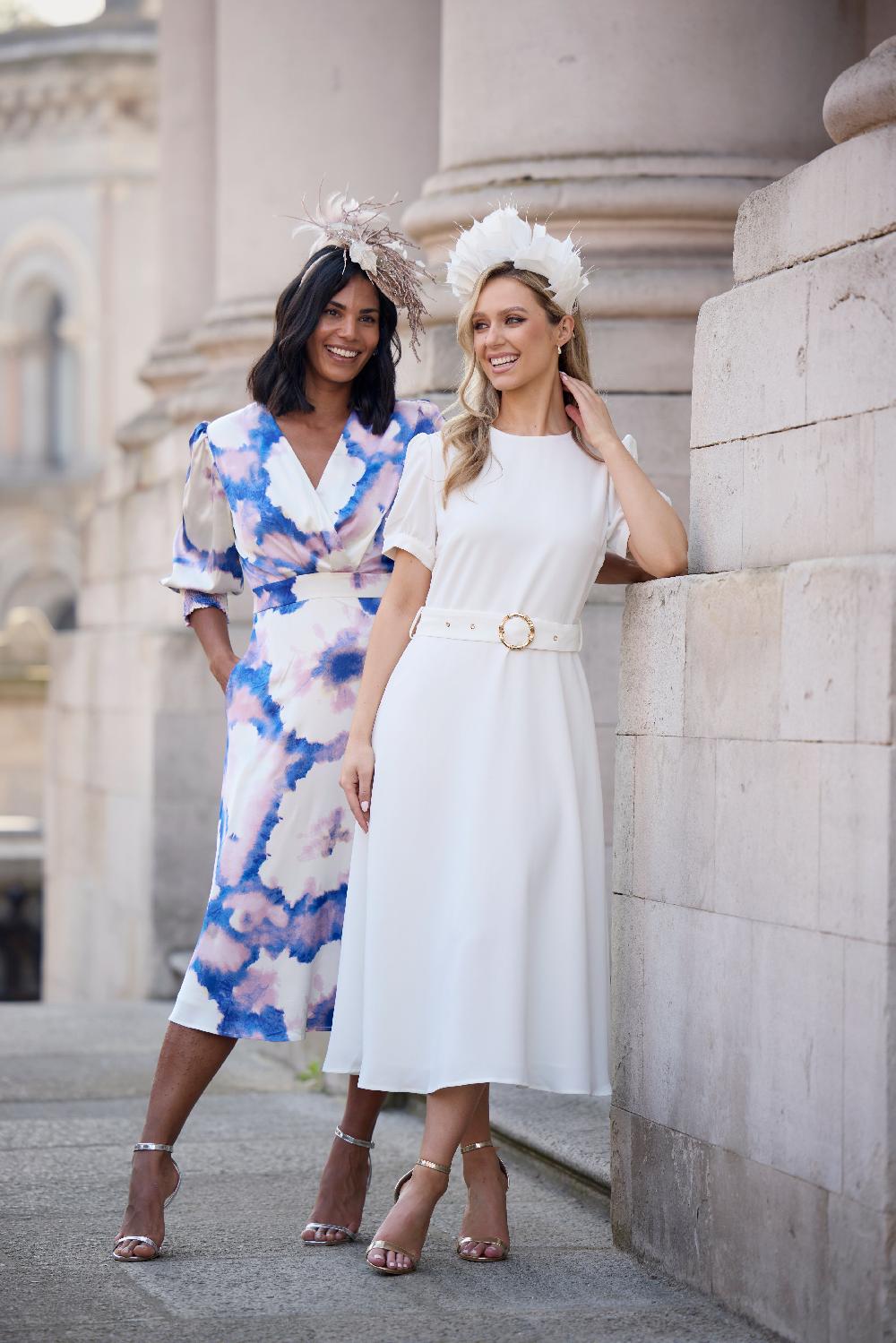 Born Laura White Belted Crochet Sleeve Dress