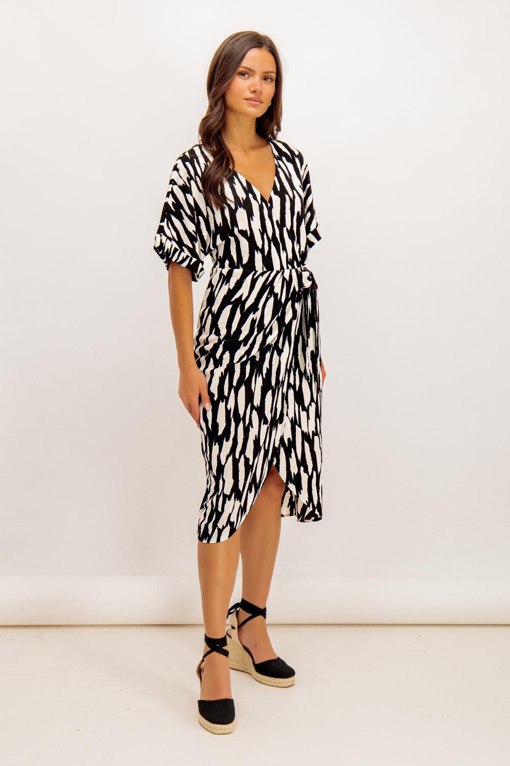 Born Laya Black & White Printed Midi Dress