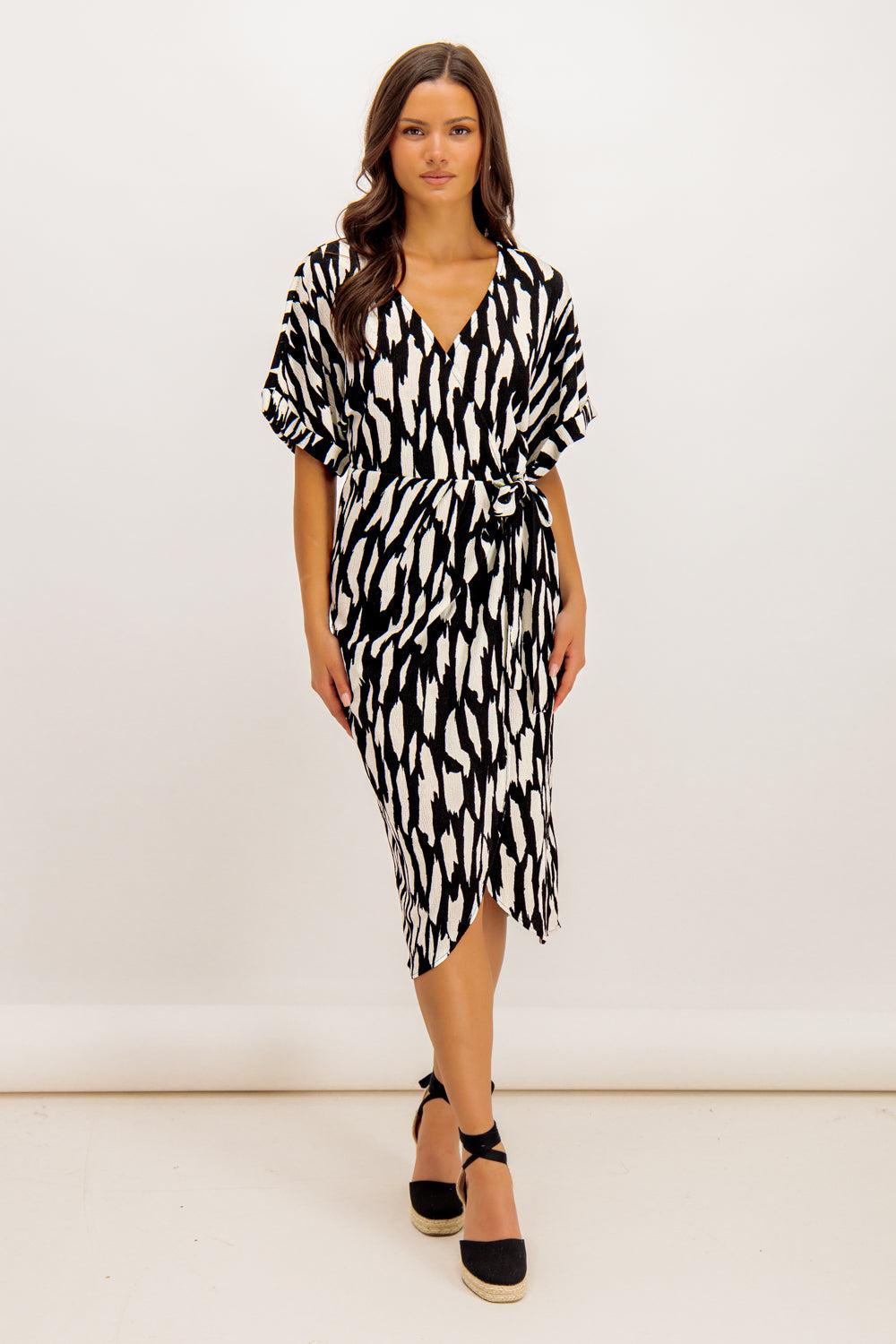 born Laya Black & White Printed Midi Dress