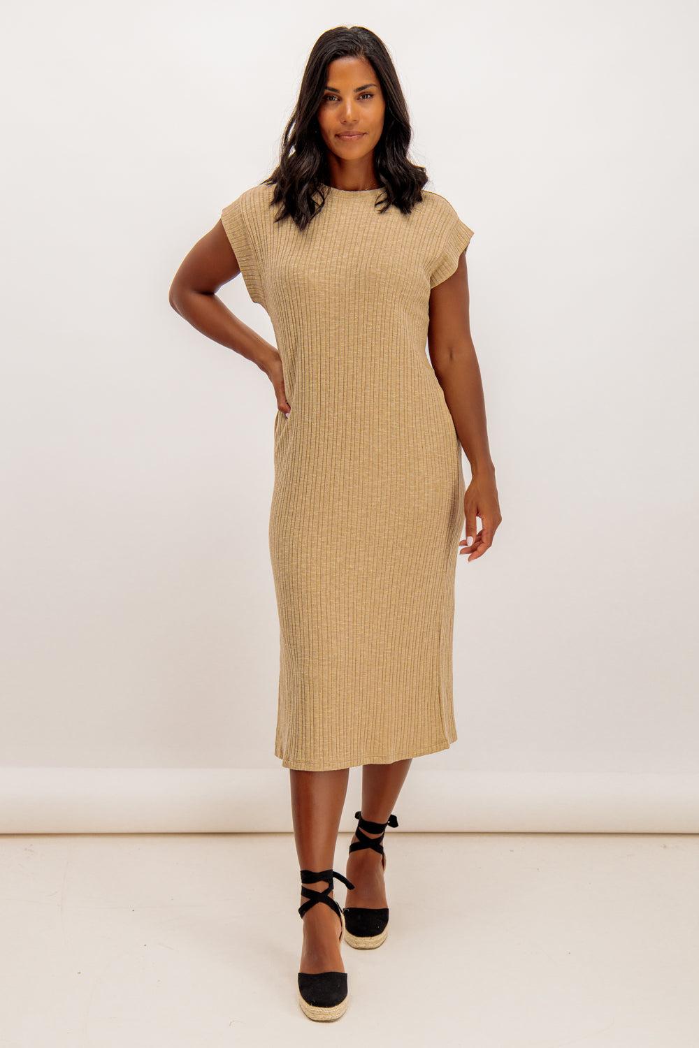 born Lena Beige Ribbed Midi Dress