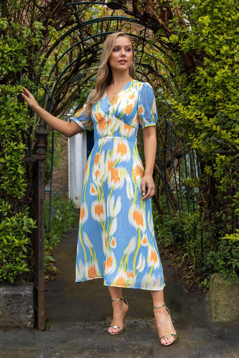 born Lily Sweetheart Blue & Green Printed Midi Dress