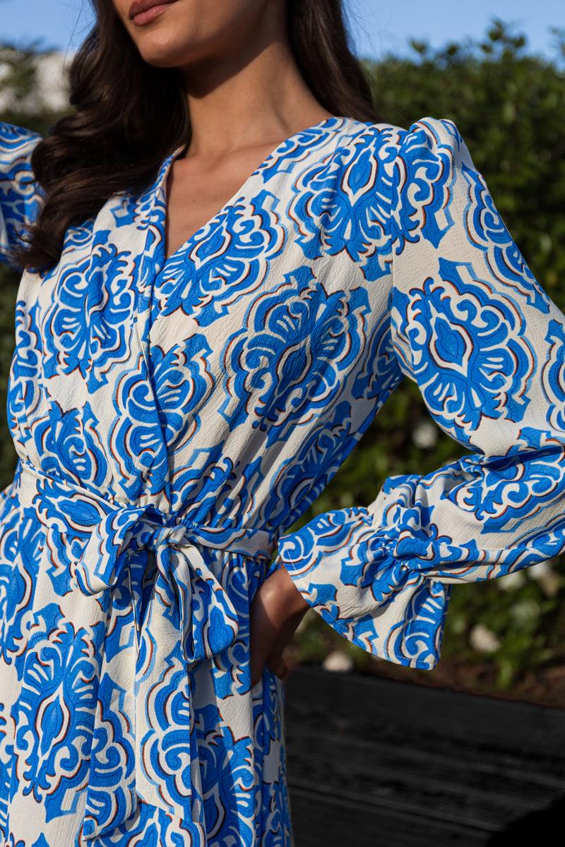 Born Lucia Blue & Cream Paisley Print Midi Dress