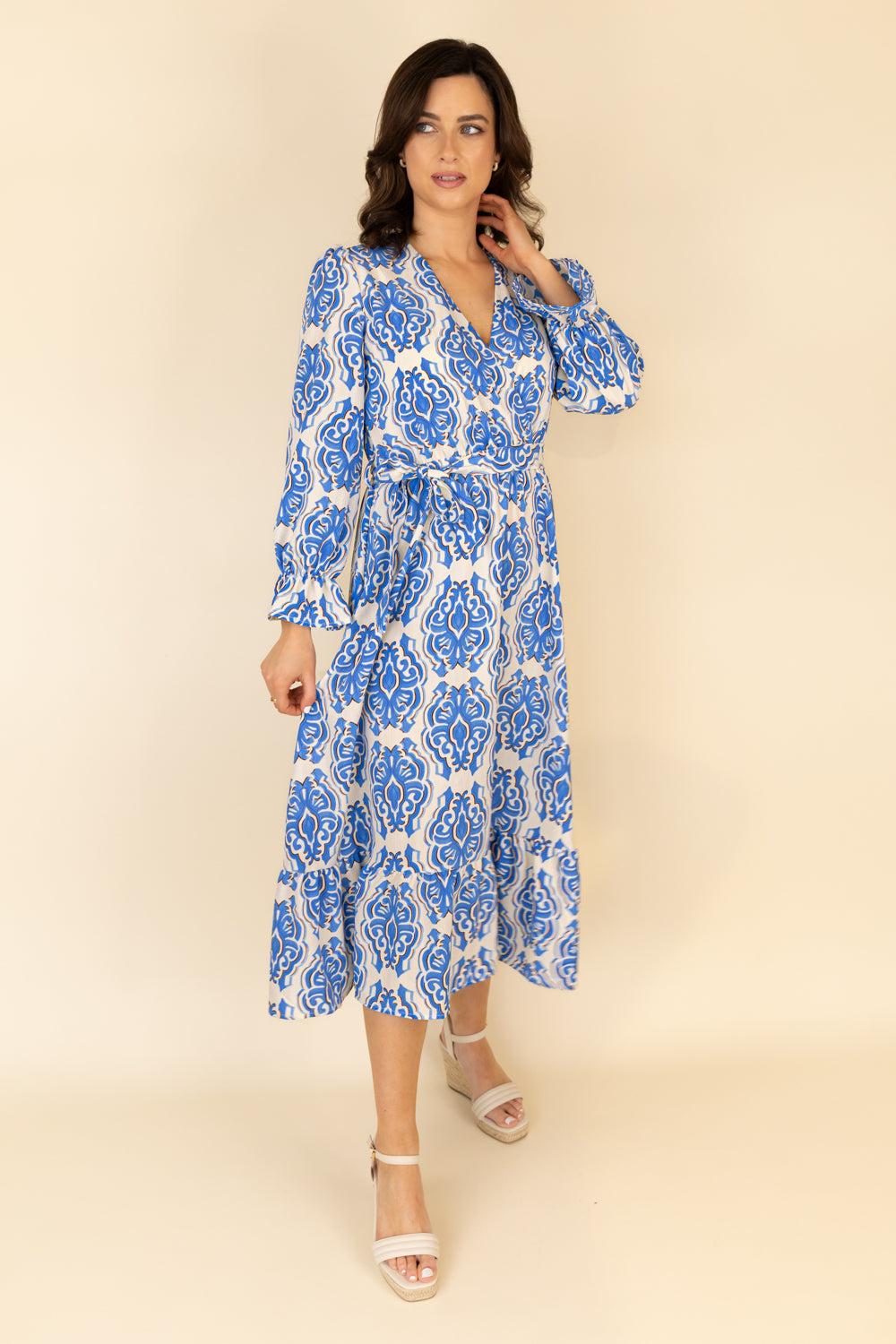 Born Lucia Blue & Cream Paisley Print Midi Dress