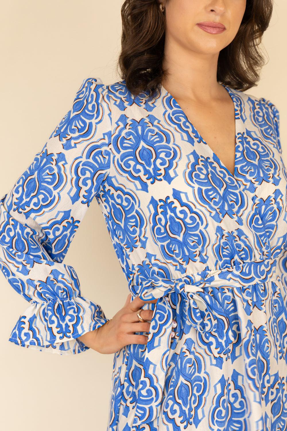 Born Lucia Blue & Cream Paisley Print Midi Dress