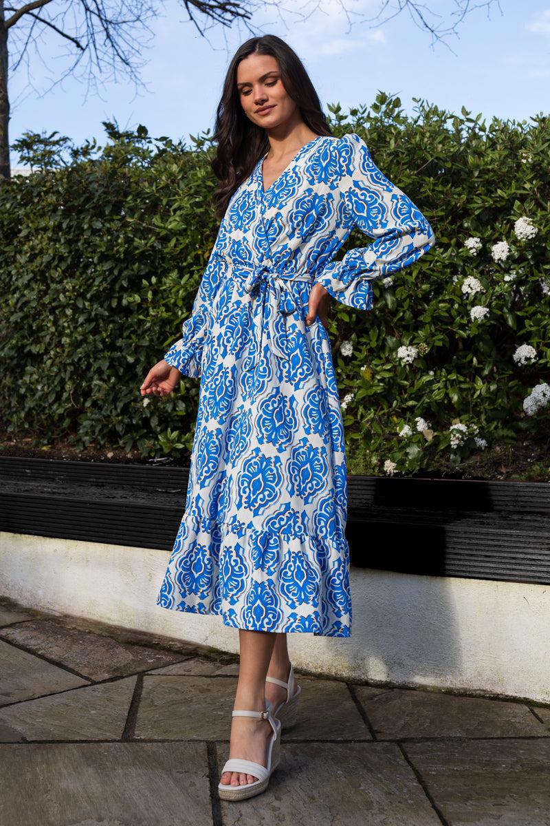 born Lucia Blue & Cream Paisley Print Midi Dress