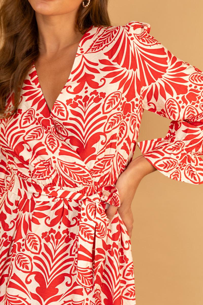 Born Lucia Red & Cream Print Midi Dress