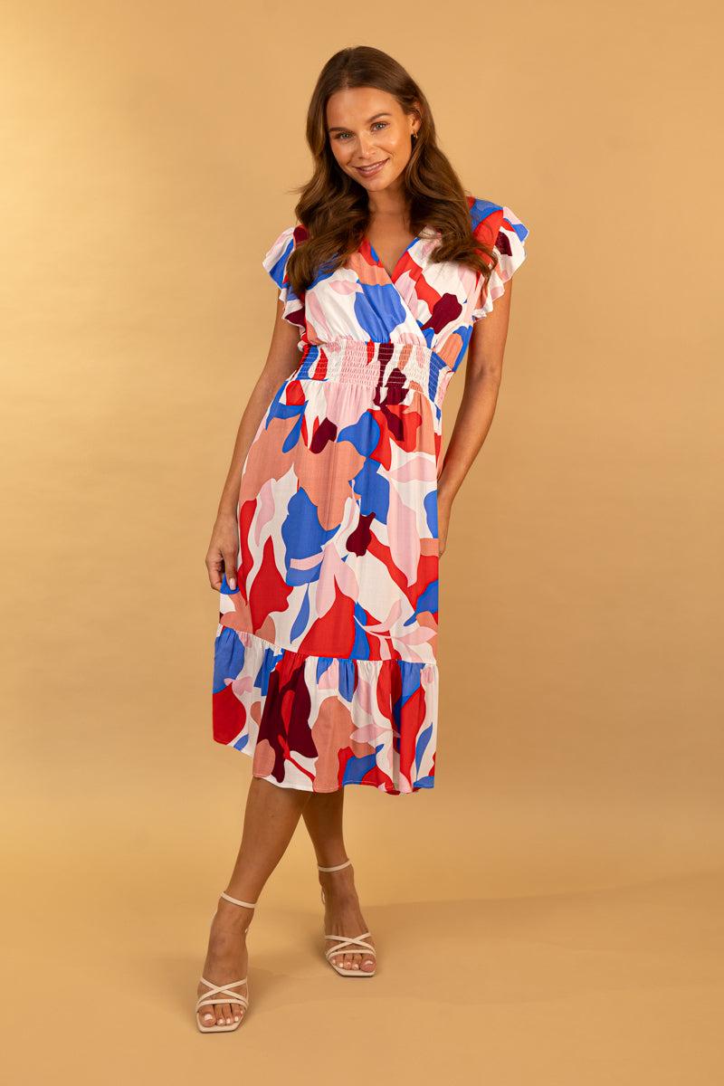 born Macie Red Print Midi Dress
