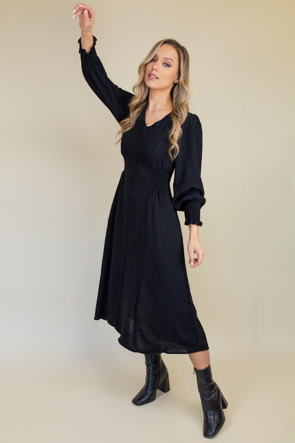 Born Maddie Black Button V-Neck Midi Dress