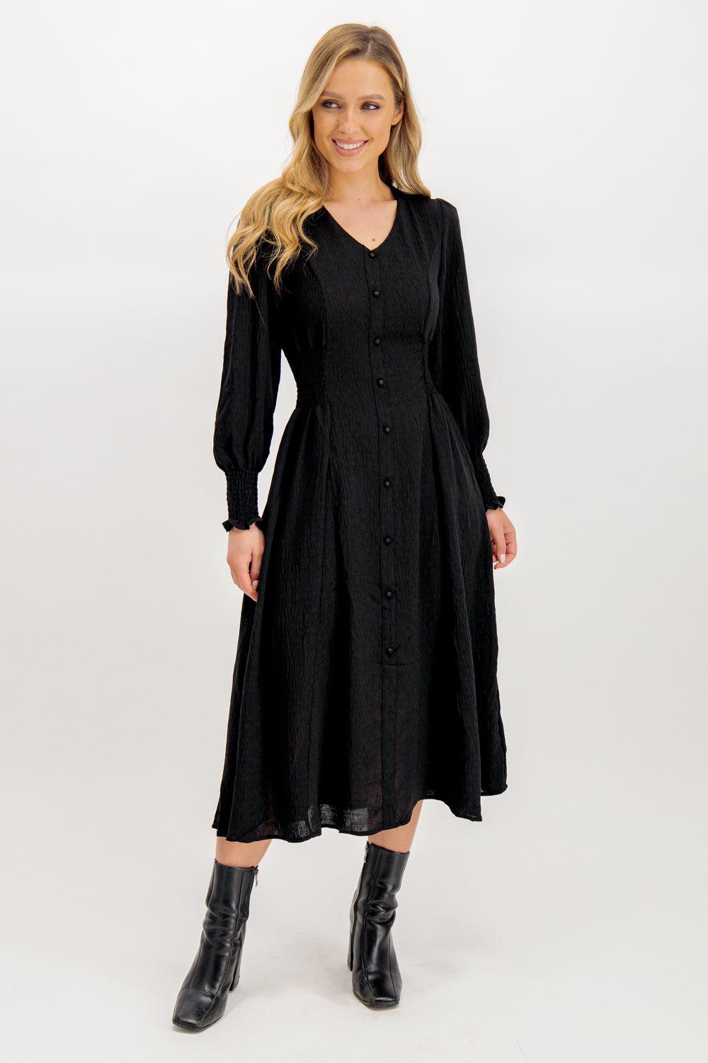 Born Maddie Black Button V-Neck Midi Dress