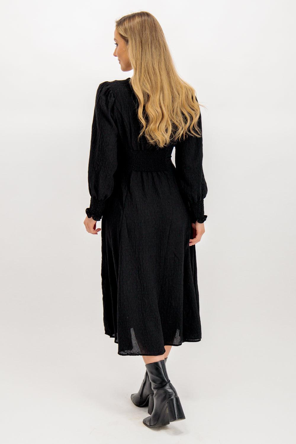 Born Maddie Black Button V-Neck Midi Dress