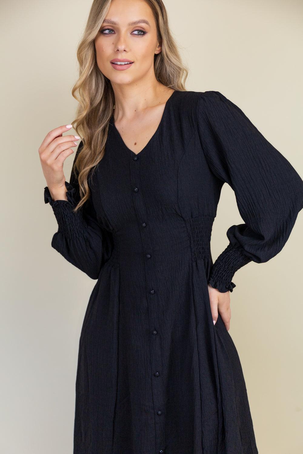 born Maddie Black Button V-Neck Midi Dress