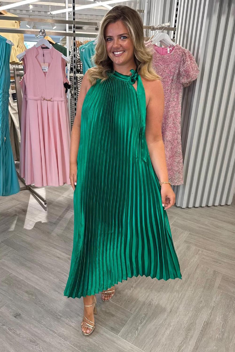 Born Mila Green Pleated Halterneck Dress