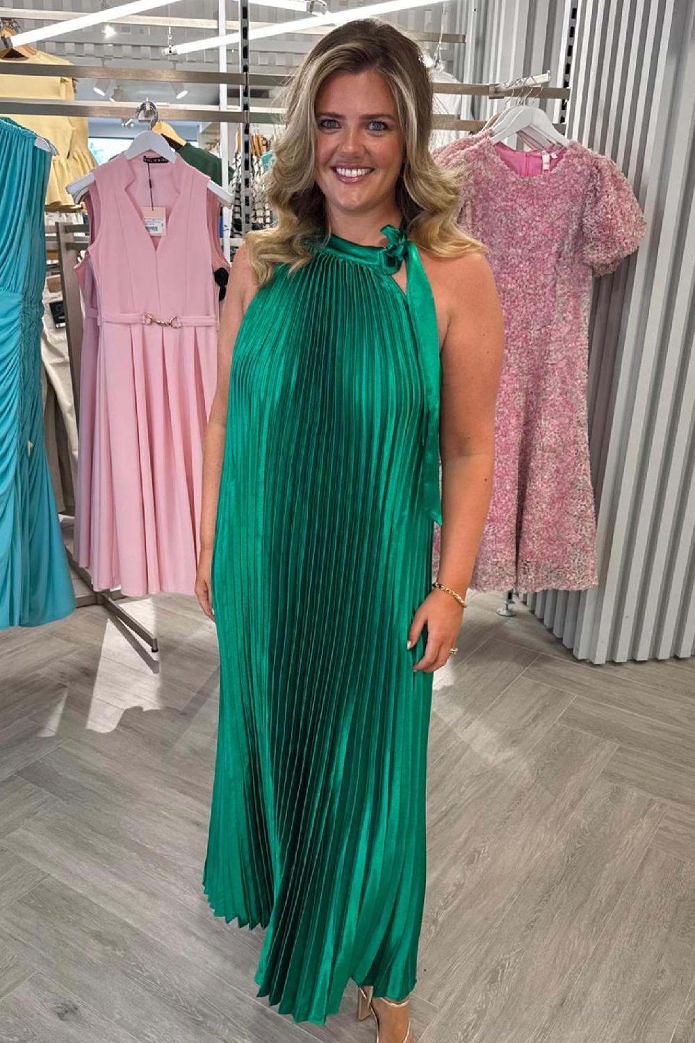 born Mila Green Pleated Halterneck Dress