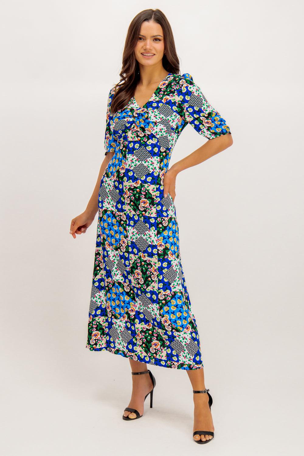 Born Miri Blue Printed V-Neck Midi Dress