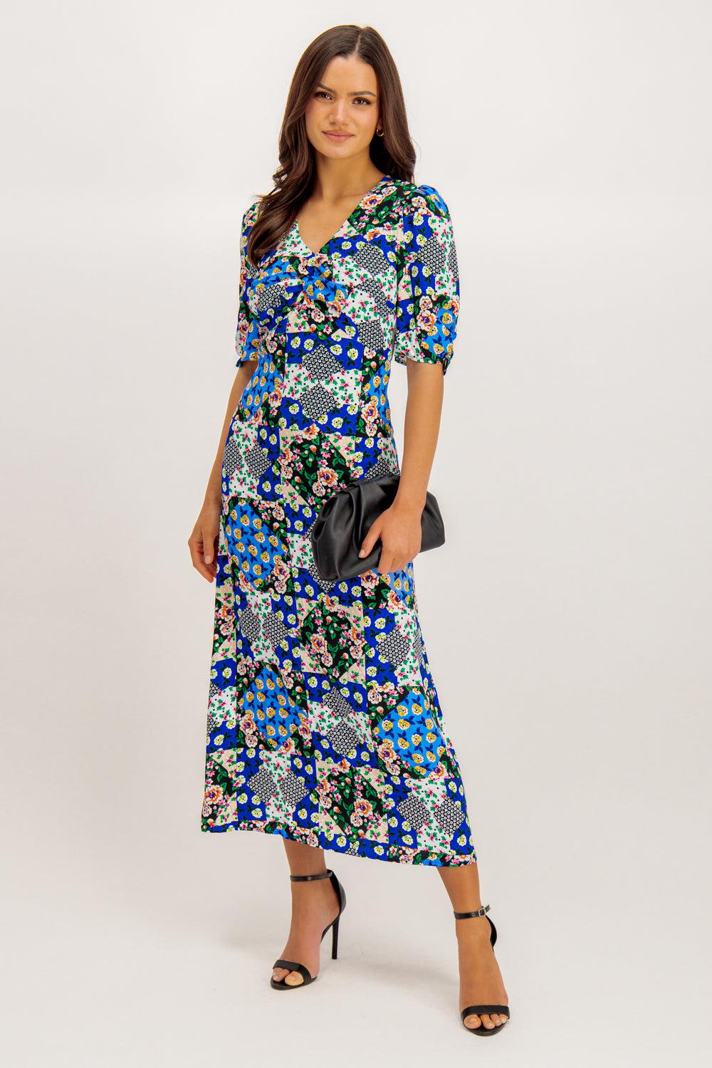 Born Miri Blue Printed V-Neck Midi Dress