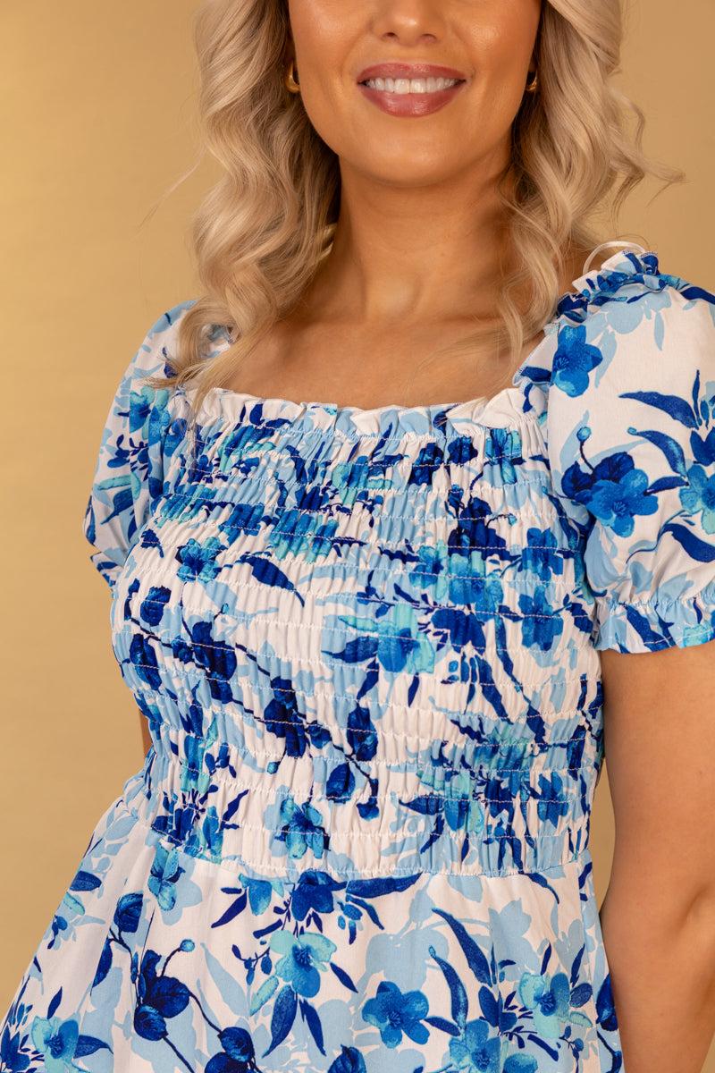 Born Missy Blue Floral Ruched Midi Dress
