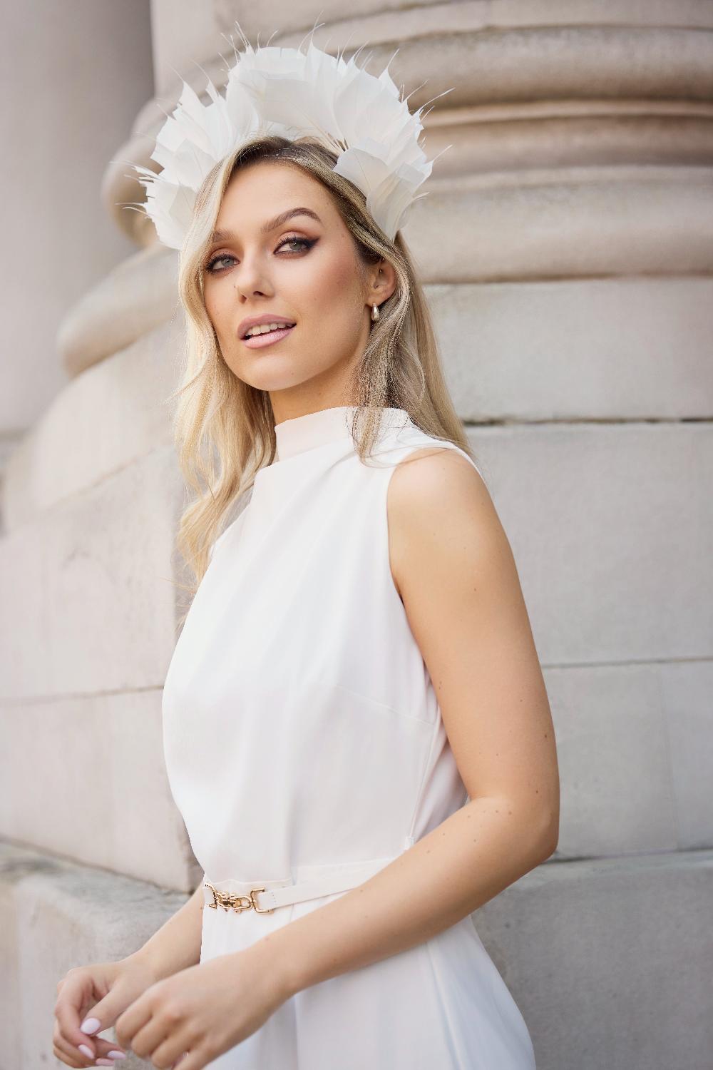 Born Naomi White Belted Short High Neck Dress