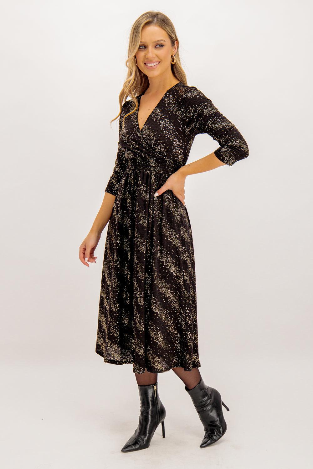 Born Pella Gold Drizzle Dot Black Wrap Dress