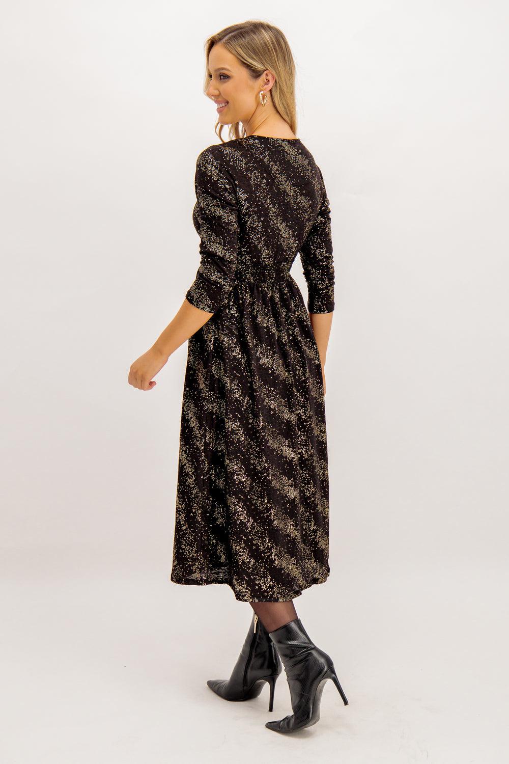Born Pella Gold Drizzle Dot Black Wrap Dress