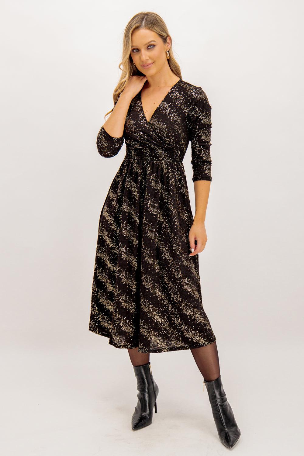 born Pella Gold Drizzle Dot Black Wrap Dress