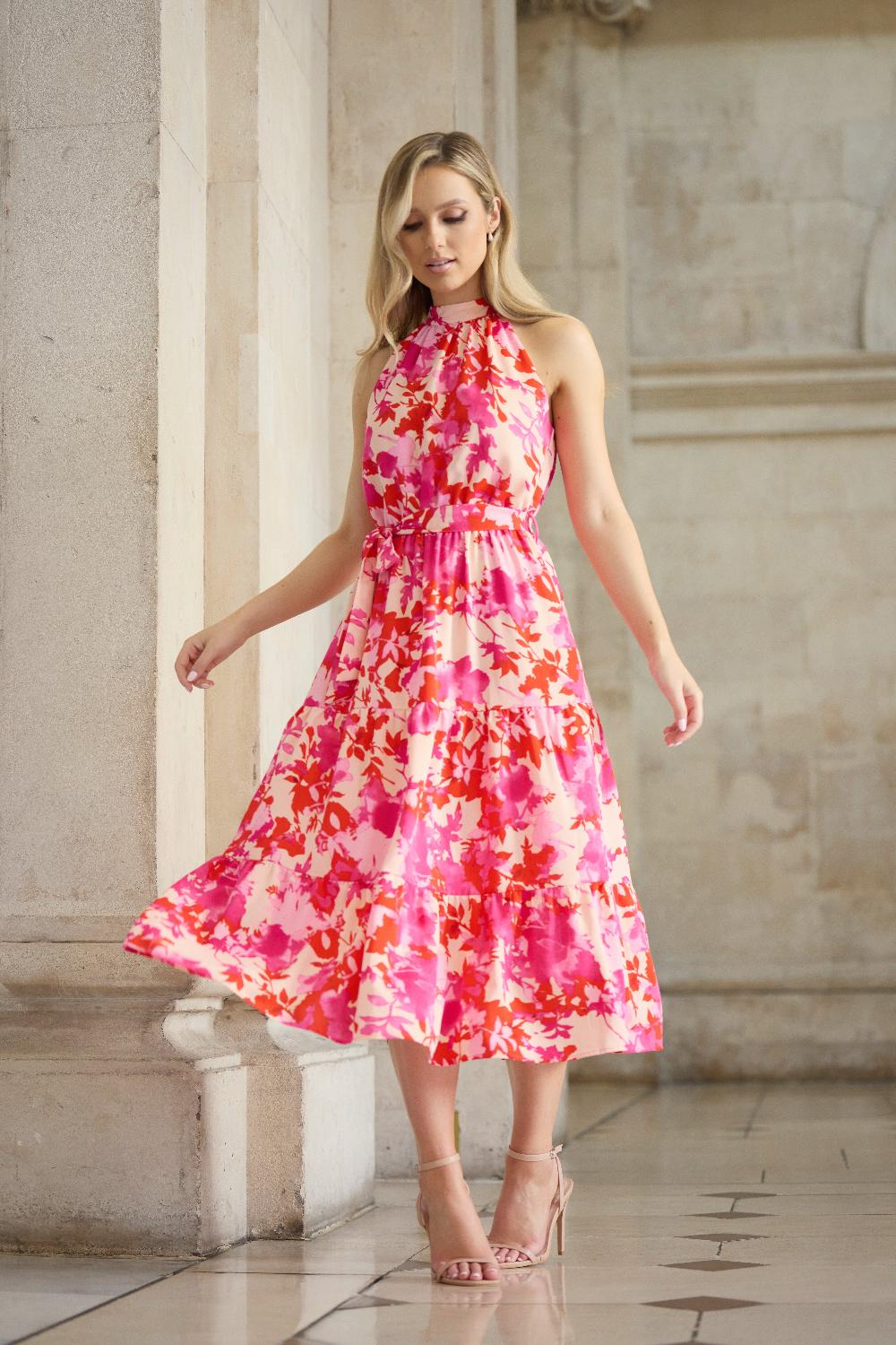 born Pink & Red Sonya Halter Neck Dress