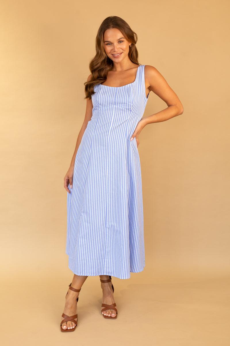 Born Reena Blue & White Stripe Midi Dress