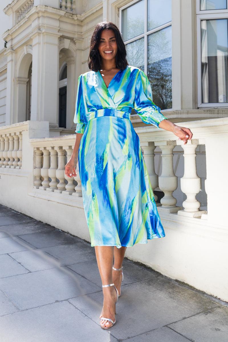 born Rexa Blue & Green Abstract Print Dress