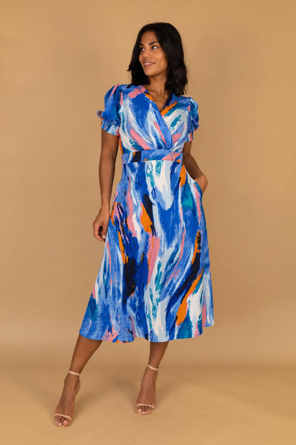 born Rexa Blue & Pink Abstract Print Dress